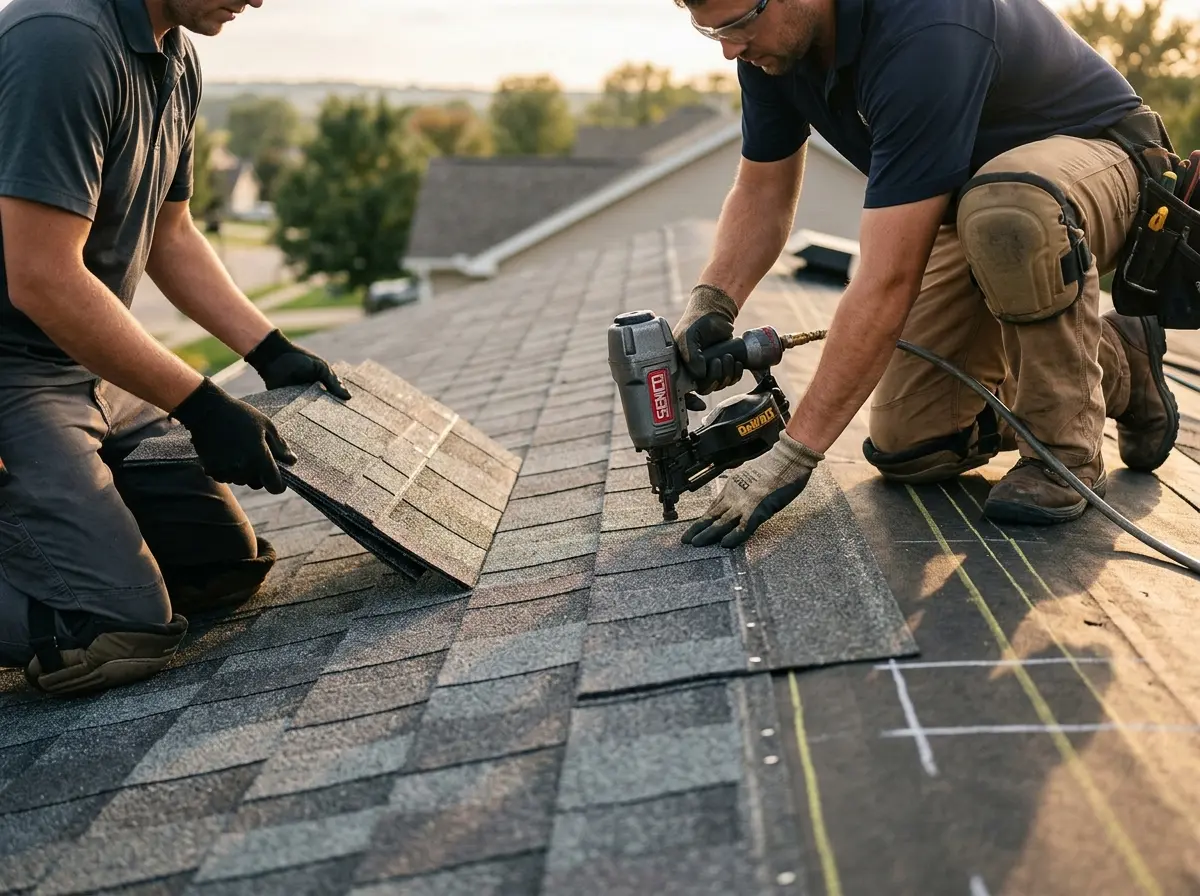 Professional roofer working on a residential roof in Portage Lakes